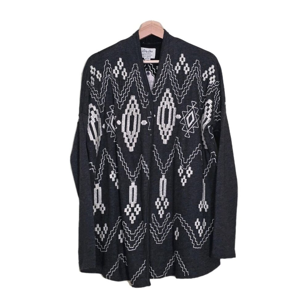 Lucky Lotus Aztec Tribal Embroidered Cardigan Women M Gray Cotton Boho Lagenlook